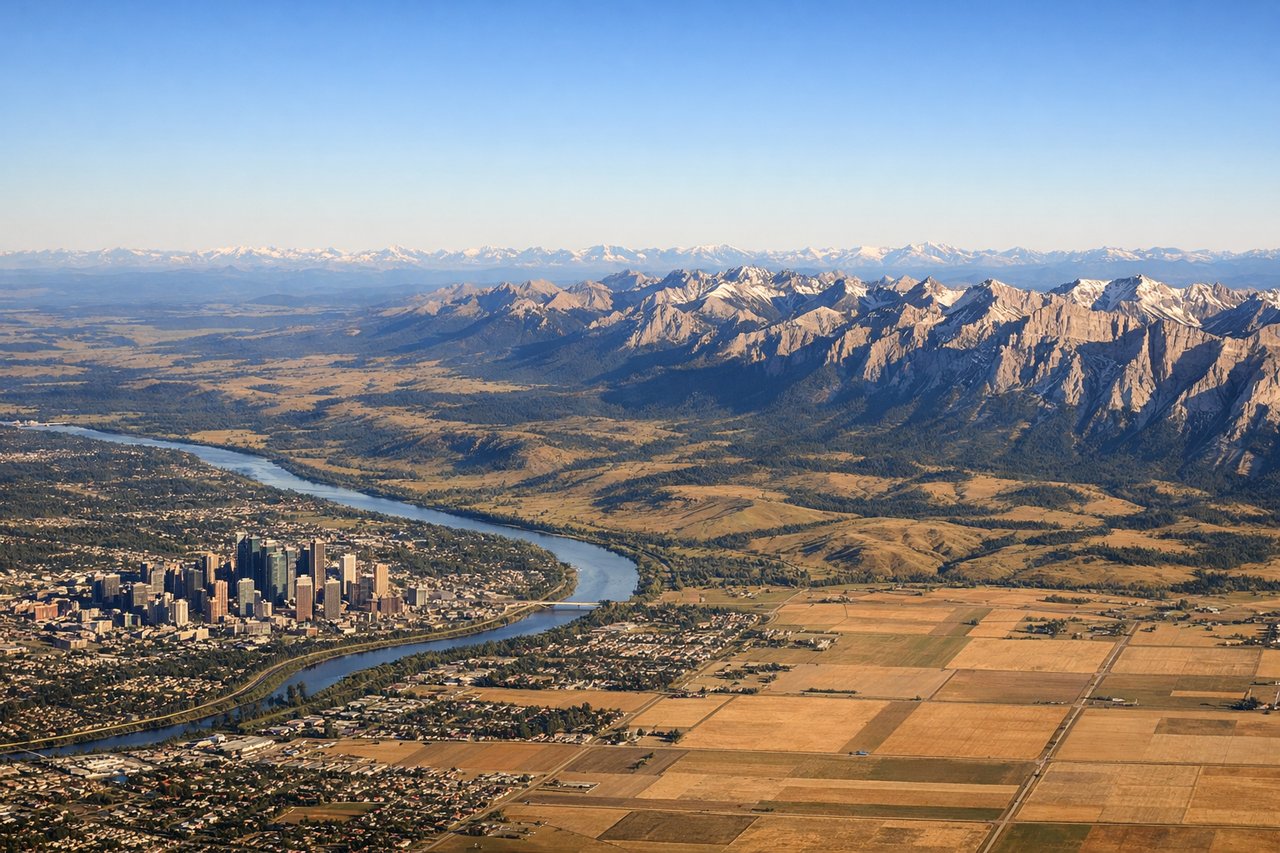 Aerial window seat view during landing at Calgary (right side) — Rocky Mountain front ranges, Mount Assiniboine area, Bow Valley foothills, Kananaskis Country ridgelines