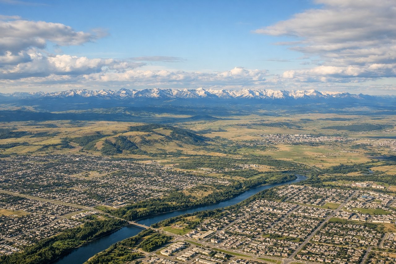 Left window seat view during takeoff from Calgary (YYC) — Rocky Mountain front ranges (including peaks near Canmore/Kananaskis), Bow River valley, Calgary foothills, city skyline falling behind on the right