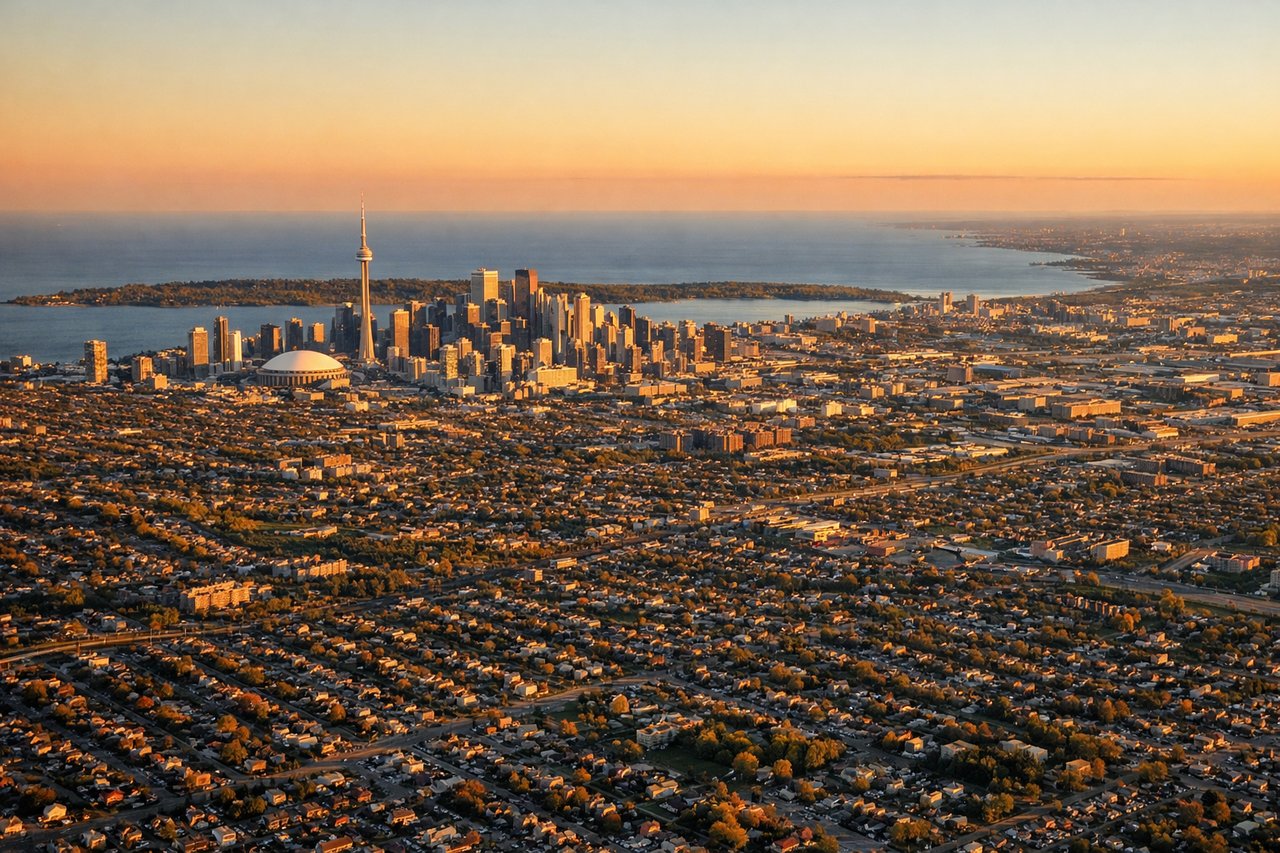 Aerial window seat view during landing at Toronto (left side) — CN Tower, downtown Toronto skyline, Lake Ontario shoreline, Toronto Islands