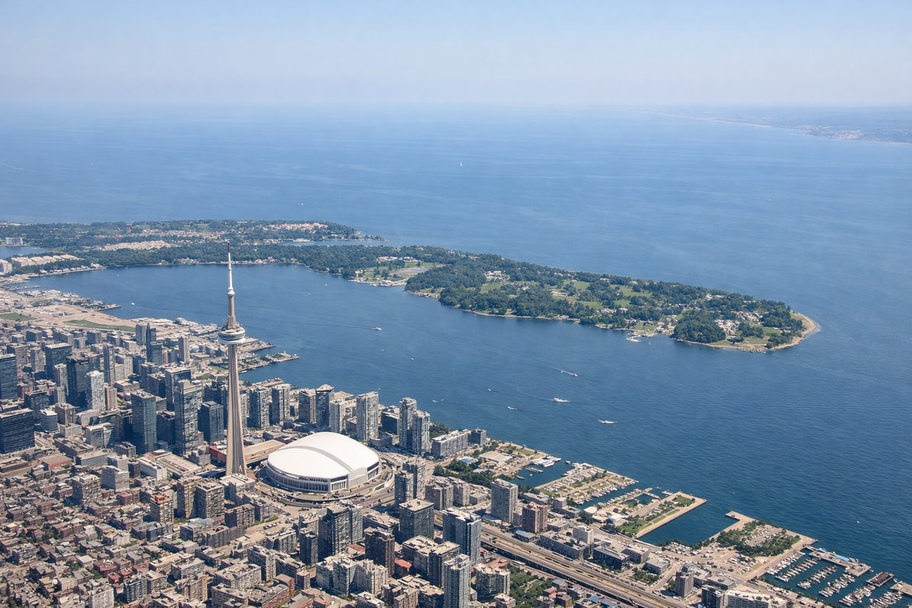 Aerial window seat view during takeoff from Toronto (left side) — CN Tower and downtown Toronto skyline, Lake Ontario shoreline, Hamilton Harbour to the southwest, Scarborough Bluffs visible along the eastern lakeshore