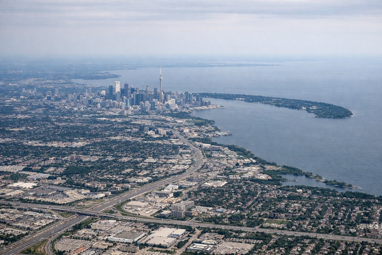 Aerial window seat view during takeoff from Toronto (right side) — Toronto skyline, CN Tower, Lake Ontario shoreline, Toronto Islands