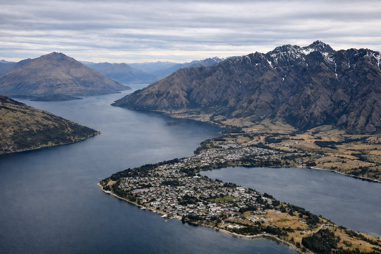 Aerial window seat view during takeoff from Queenstown International (right side) — Lake Wakatipu (S-shaped glacial lake directly below), The Remarkables (jagged schist ridge to the southeast), Cecil Peak across the lake, Coronet Peak ski area to the north