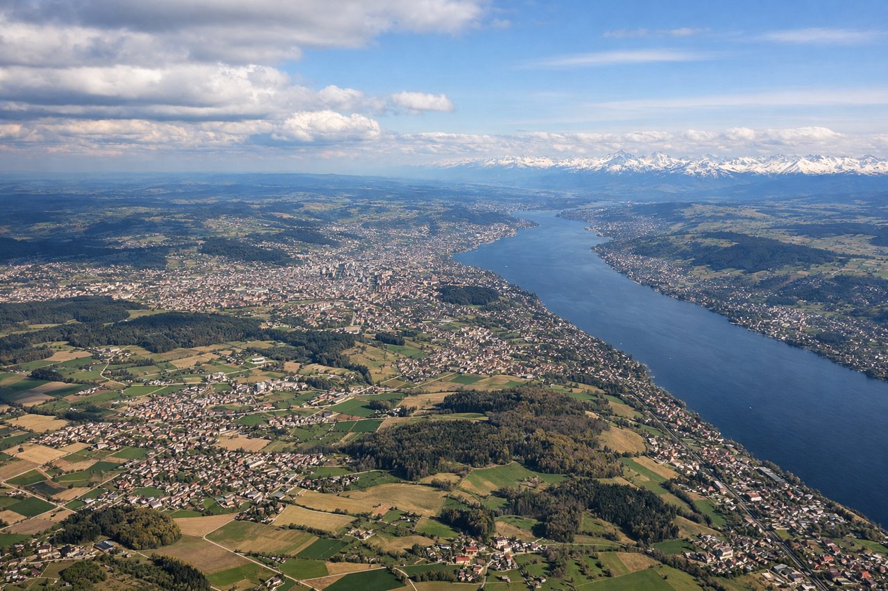Aerial window seat view during landing at Zurich (right side) — Säntis and Appenzell Alps, Lake Zurich (Zürichsee), Zurich city center and airport, Swiss plateau