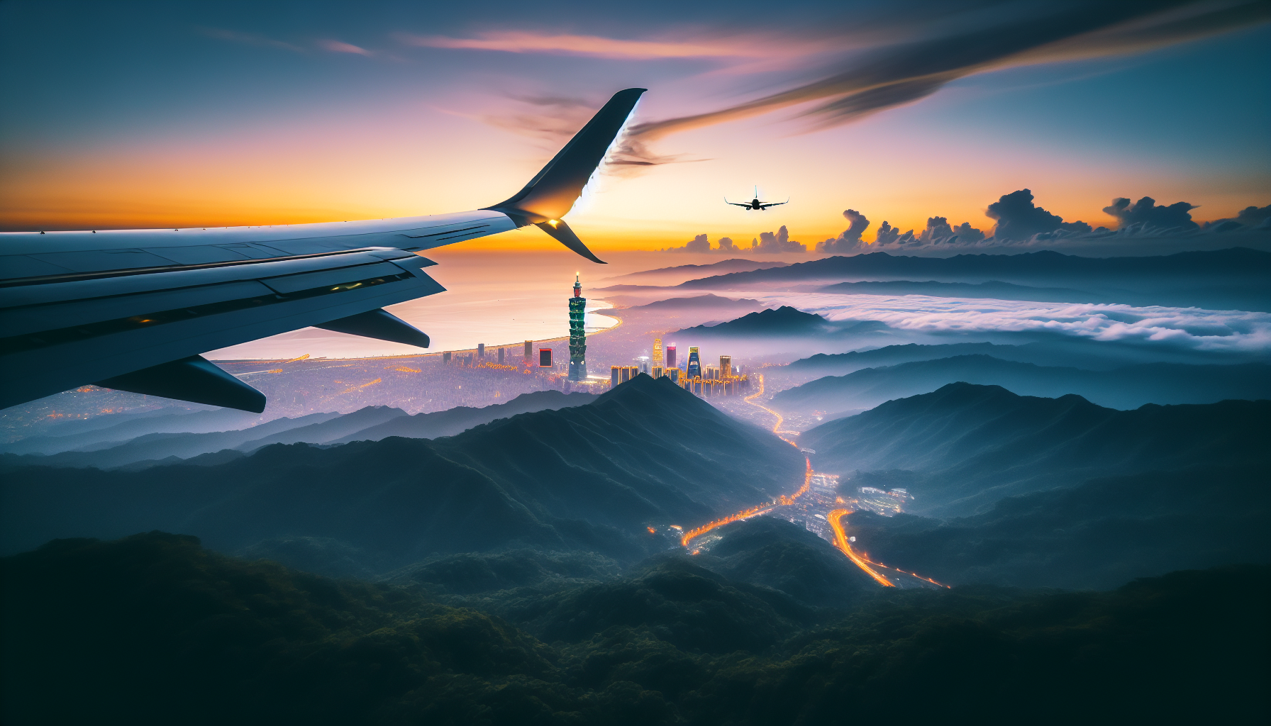 Aerial window seat view during landing at Taipei (right side) — Yangmingshan mountain ridges, Keelung River, Taipei Basin, Taipei 101 skyline