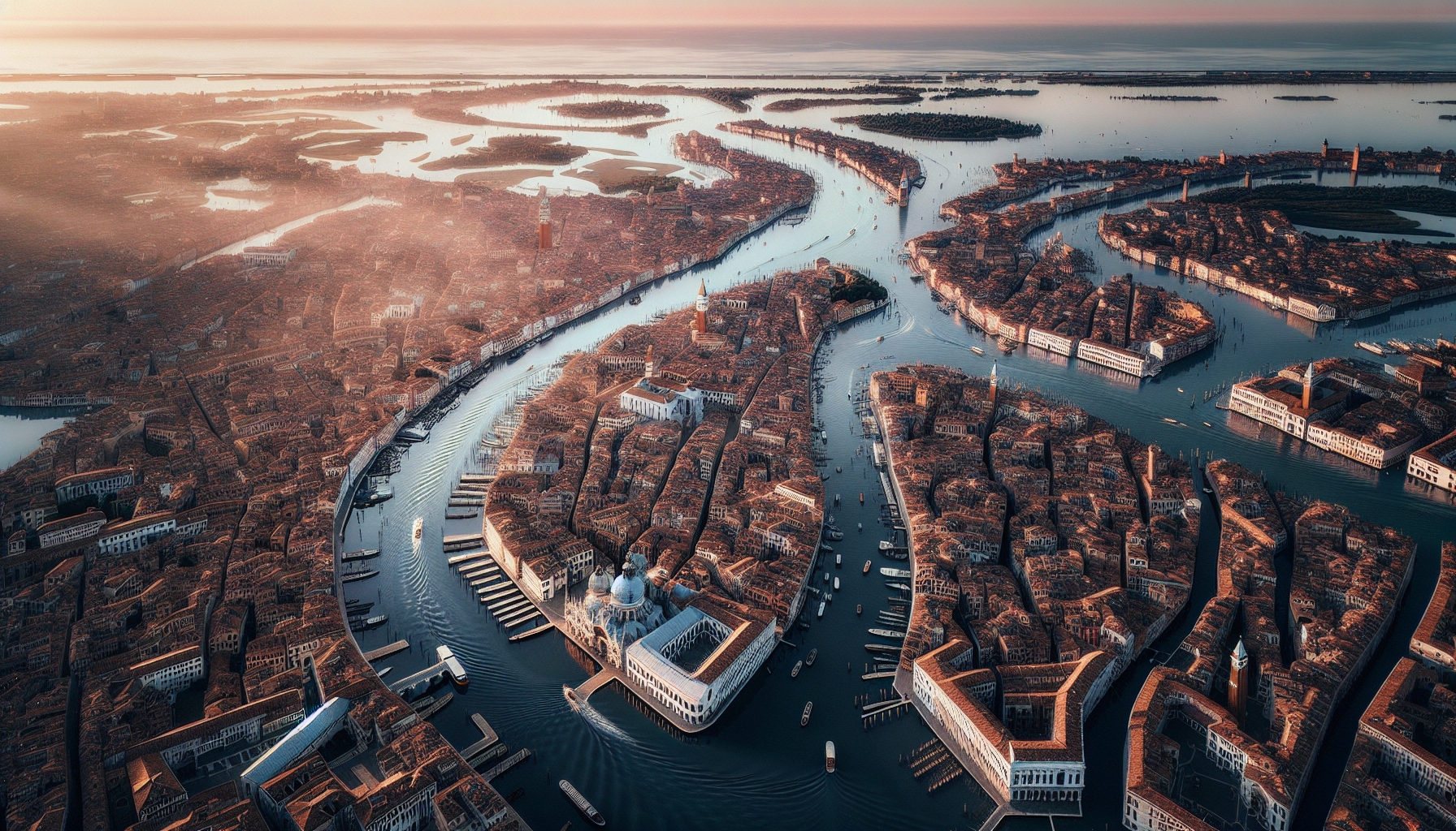 Aerial window seat view during landing at Venice (right side) — Venice historic center and canals, Murano and Burano islands, the Lido barrier island, the open Venetian Lagoon