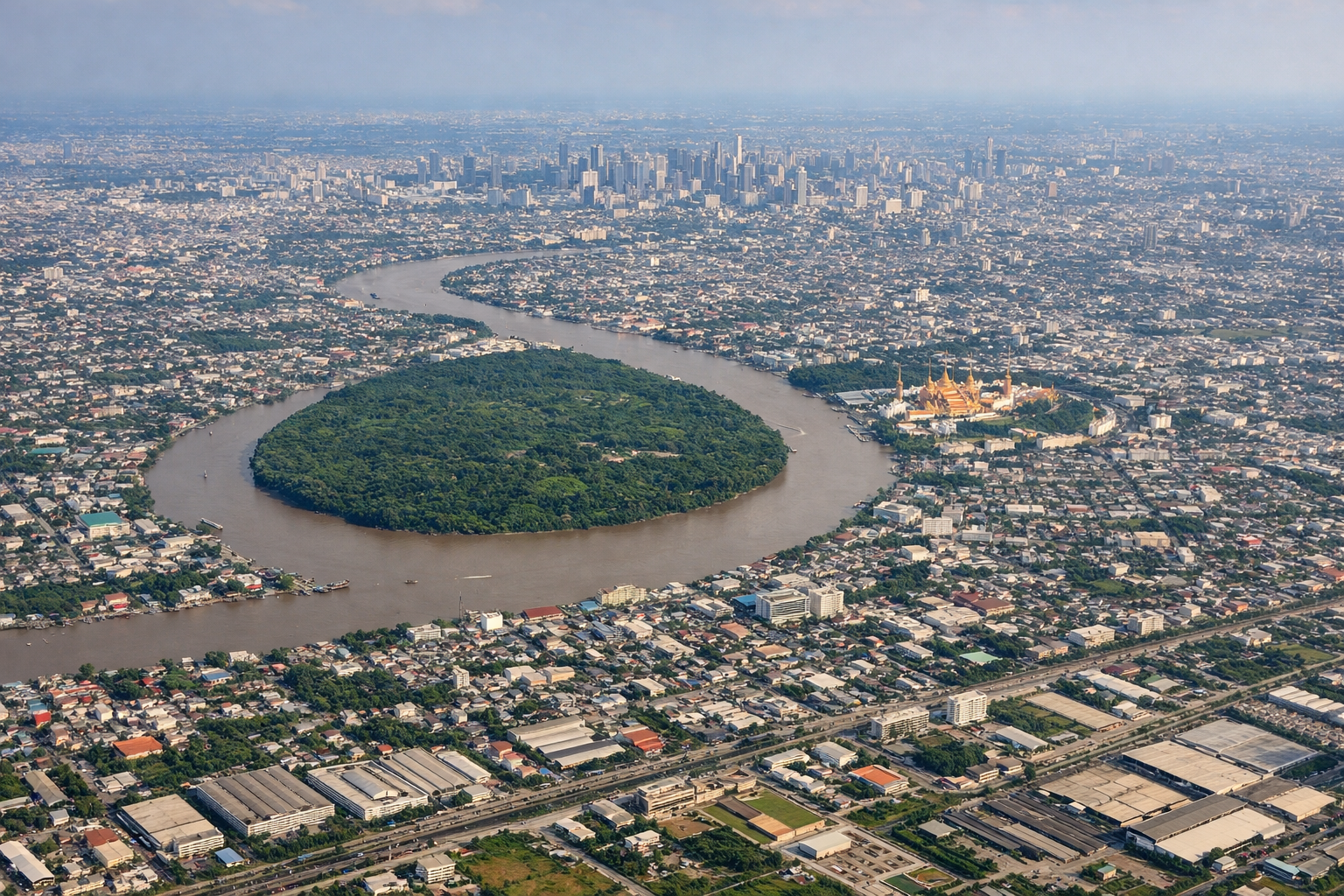 Aerial window seat view during landing at Bangkok (right side) — Chao Phraya River bends, Bangkok skyline (Sathorn/Silom towers), Bang Na industrial waterfront