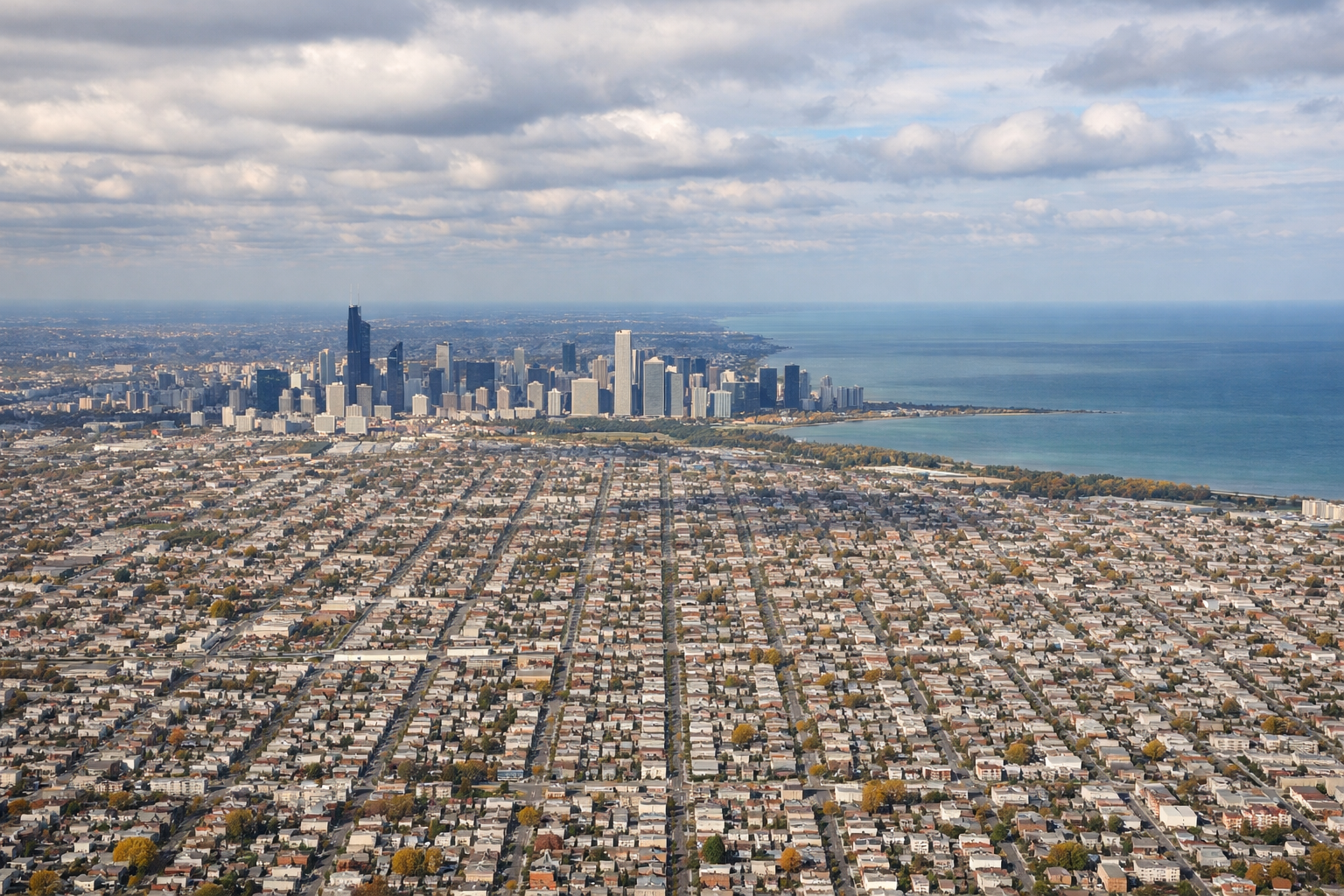 Aerial window seat view during landing at Chicago (right side) — Chicago skyline (Willis Tower, Sears Tower area), Lake Michigan shoreline, Loop district, Midway's grid of residential streets