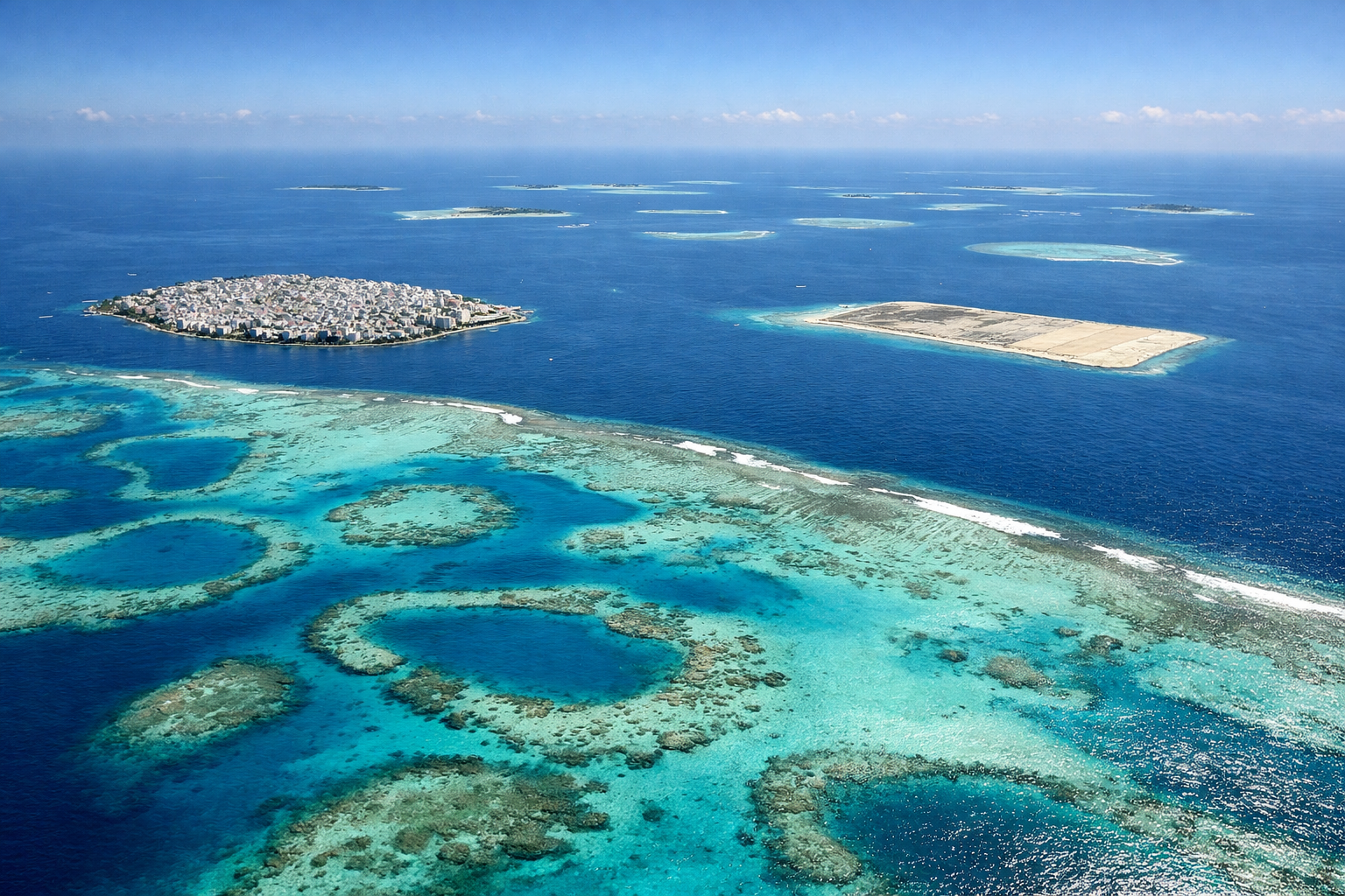 Aerial window seat view during takeoff from Male (left side) — Male city skyline, Hulhule Island runway, North Male Atoll reef, turquoise lagoon channels