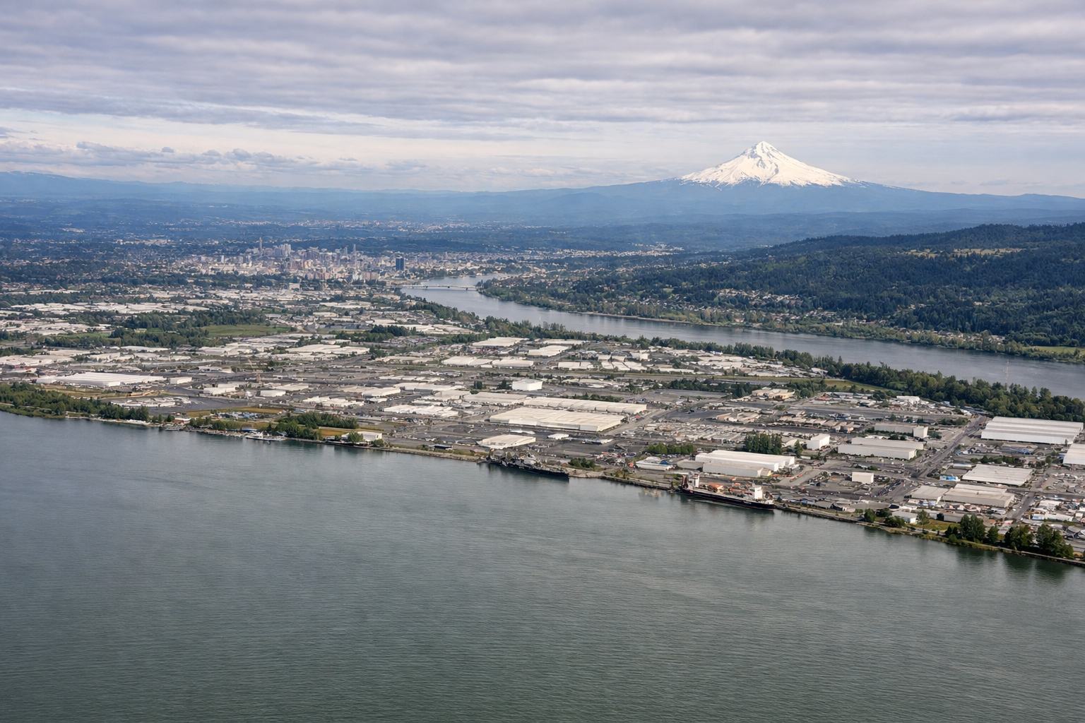 Aerial window seat view during landing at Portland (right side) — Mount Hood, Mount St. Helens, Columbia River, Cascade foothills