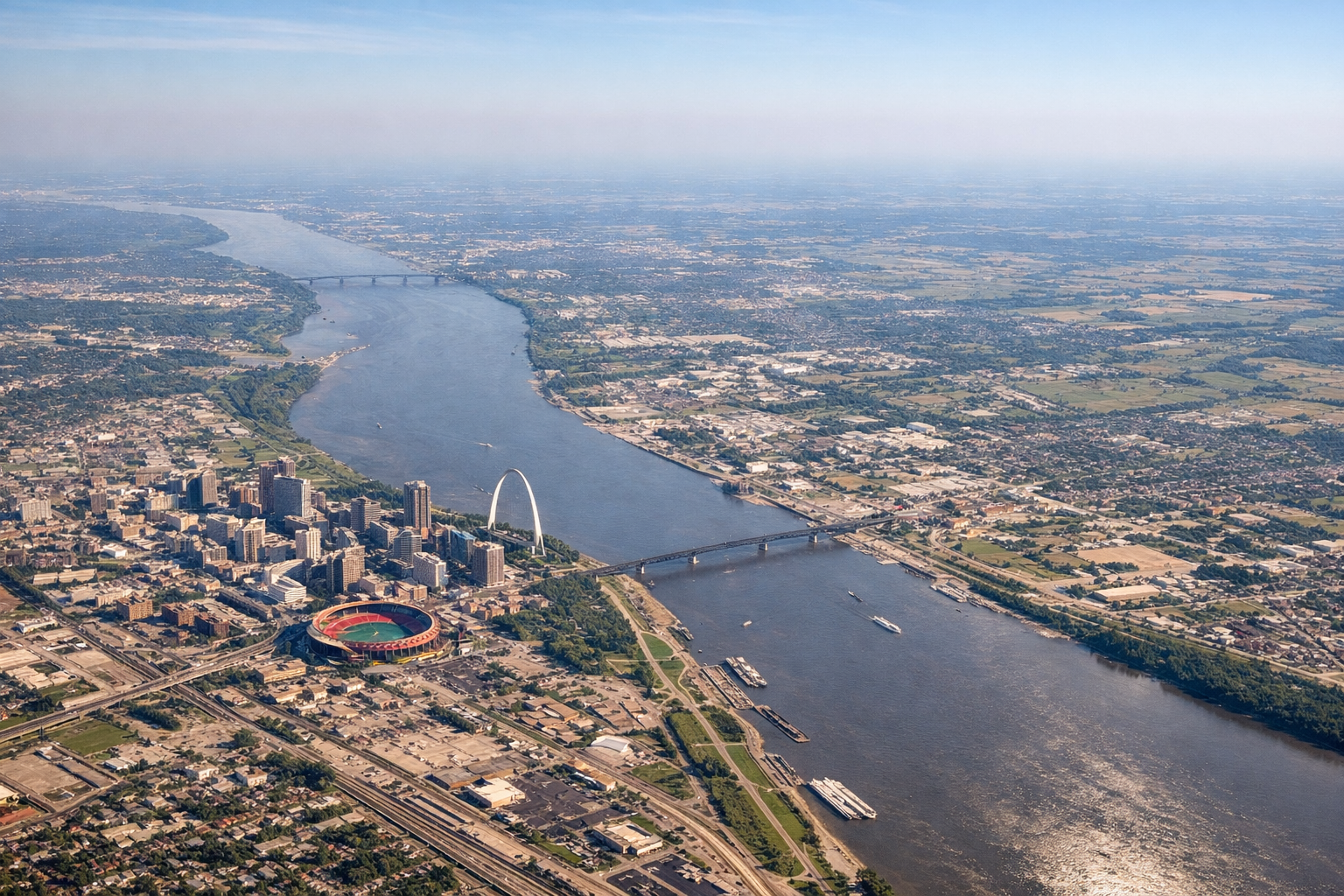 Aerial window seat view during landing at St. Louis (right side) — Mississippi River, Gateway Arch, downtown St. Louis skyline, Missouri floodplain farmland