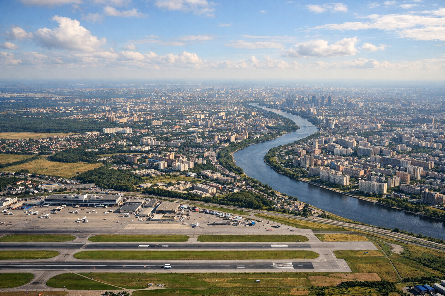 Aerial window seat view during takeoff from Moscow (left side) — Moscow northern outskirts, Klyazma river valley, Volga tributaries, patchwork farmland