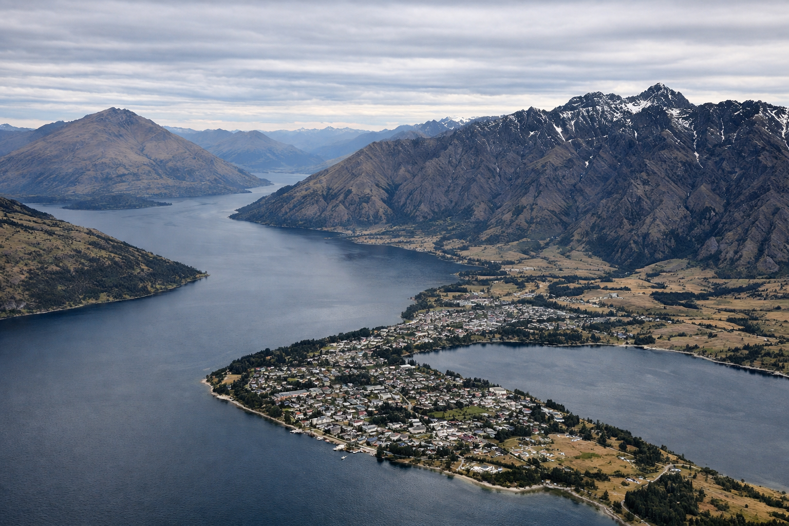 Aerial window seat view during takeoff from Queenstown International (left side) — Lake Wakatipu, Coronet Peak, Southern Alps foothills, Wakatipu Basin